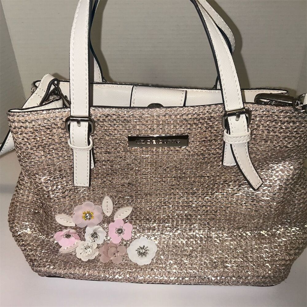 Liz Claiborne Women's Pink/White/Silver Straw Shoulder Bag Floral Embellishments
